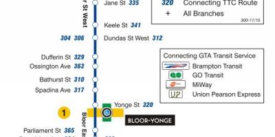 Mapa TTC 300A Bloor-Danforth autobusová linka Toronto