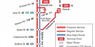 Mapa TTC 32 Eglinton West bus trasu Toronto