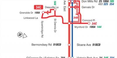 Mapa TTC 34 Eglinton East autobusová linka Toronto