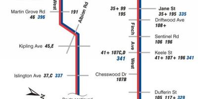 Mapa TTC 36 Finch West bus trasu Toronto