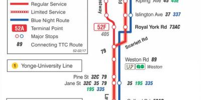 Mapa TTC 52 Lawrence West bus trasu Toronto