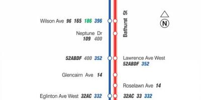 Mapa TTC 7 Bathurst autobusová linka Toronto
