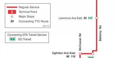 Mapa TTC 9 Bellamy autobusová linka Toronto